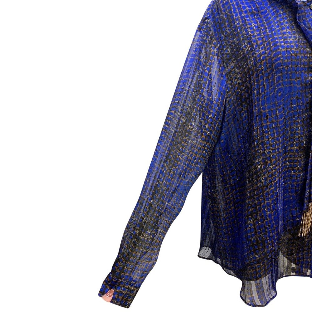 NWT Joseph Ribkoff Sheer Blue & Black Blouse w/Gold Fringe Detail Size 18 - Picture 3 of 8